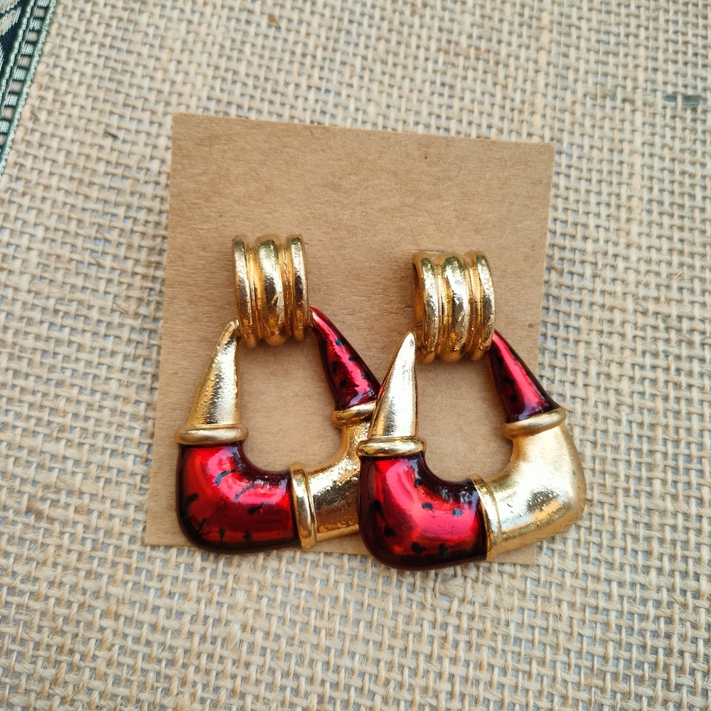 Gold and Red Statement Earrings - Picture 10 of 15